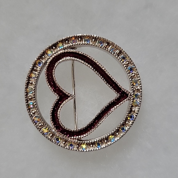 Vintage Heart Inside Circle Rhinestone Brooch Pin - Picture 1 of 5